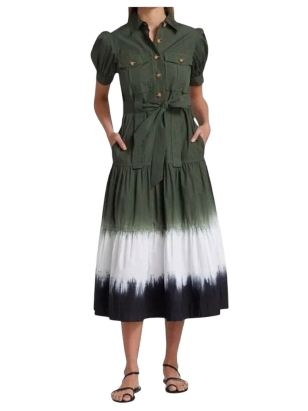 Derek Lam 10 Crosby Buffy Utility Shirt Dress Womens 0 Green Tie Dye Midi Cotton